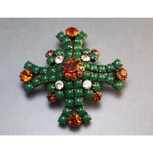 Jade Glass Maltese Cross Brooch Orange Rhinestones Vintage Pin